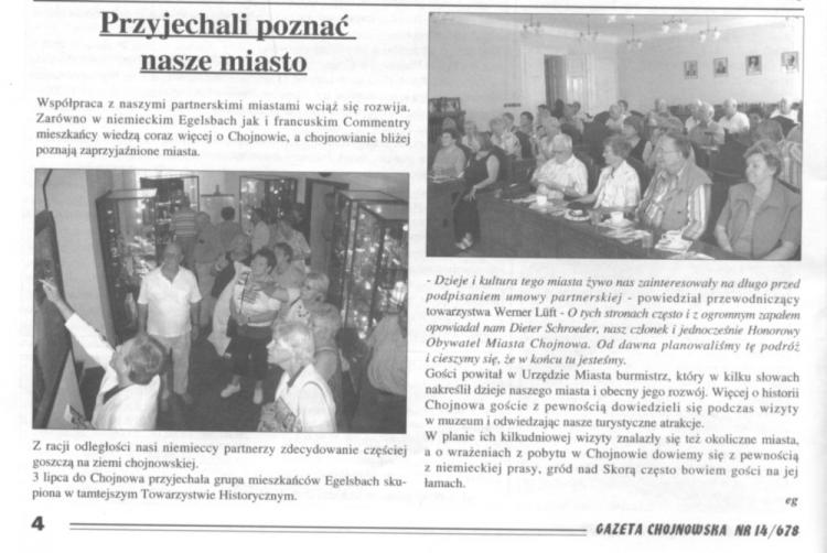Kopia artykułu z Gazety Chojnowskiej o wizycie w Chojnowie Stowarzyszenia Historycznego z Egelsbach - 03.07.2008 r.  (szerokość: 750 / wysokość: 502)