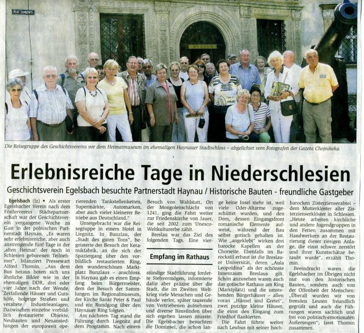 Kopia artykułu z niemieckiej gazety Langener Zeitung o wizycie w Chojnowie Stowarzyszenia Historycznego z Egelsbach - 03.07.2008 r (szerokość: 750 / wysokość: 685)