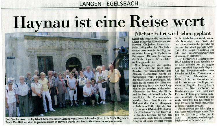 Kopia artykułu z niemieckiej gazety Frankfurter Neue Presse o wizycie w Chojnowie Stowarzyszenia Historycznego z Egelsbach - 03.07.2008 r (szerokość: 750 / wysokość: 435)
